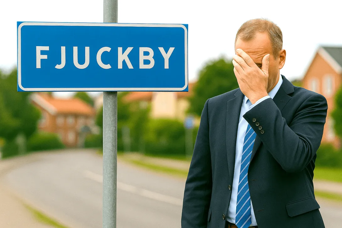 En man framför en skylt med namnet Fjuckby