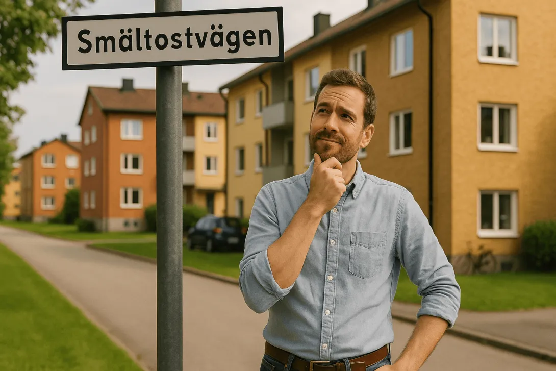 En man som tittar fundersamt på en skylt med namnet Smältostvägen