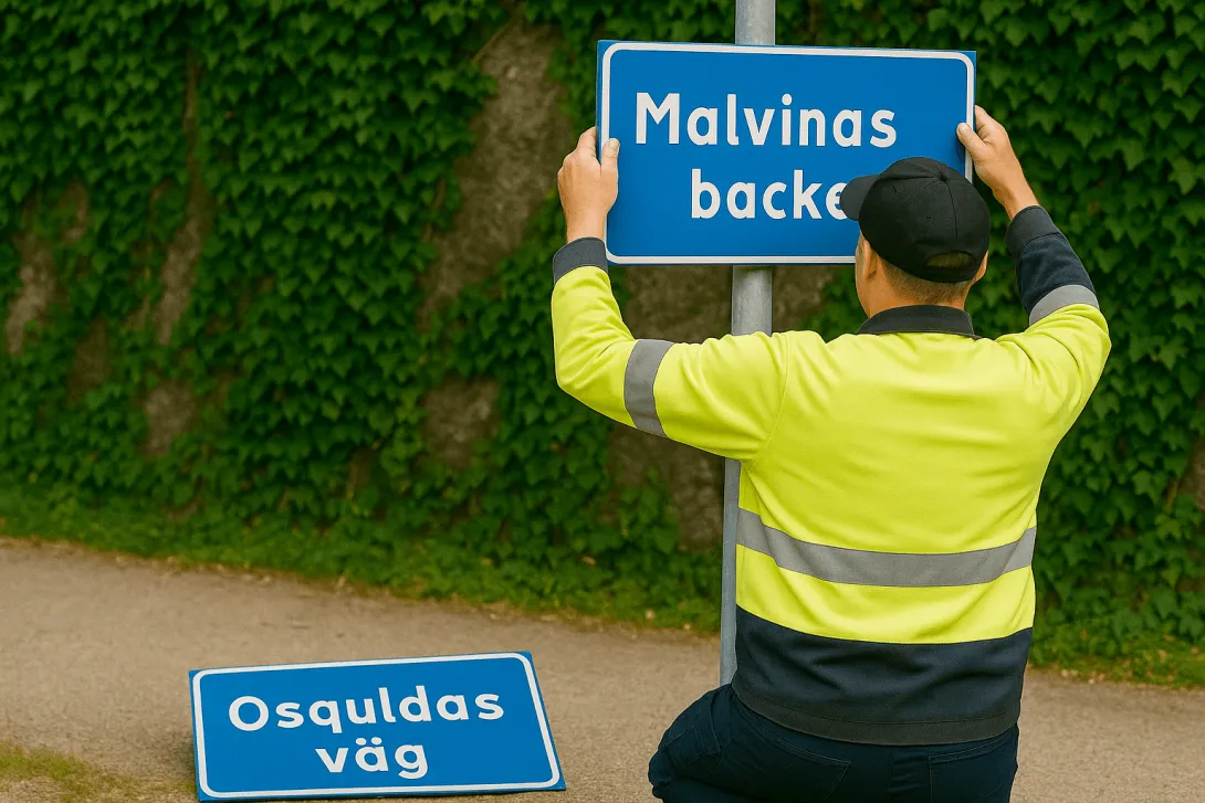 En man som tar ner en skylt med namnet Osquldas väg och sätter upp en skylt med namnet Malvinas backe