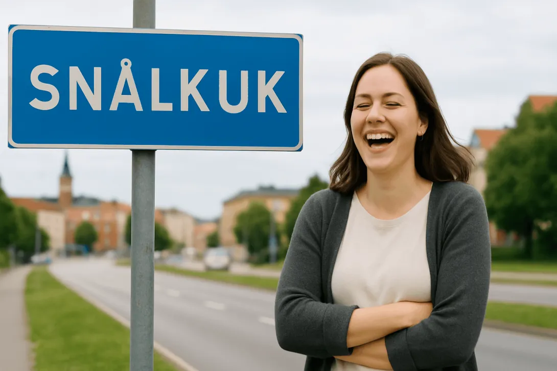 En kvinna som står och skrattar vid en skylt där det står "Snålkuk"