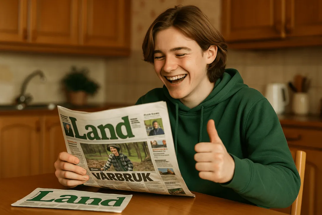 En skrattande pojke som läser tidningen Land